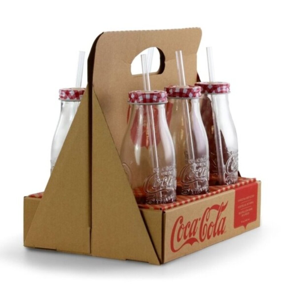 NWT/NIB Coca Cola Retro Dinner 50s Milk Bottle Style Straw Drinking 6 Piece Set